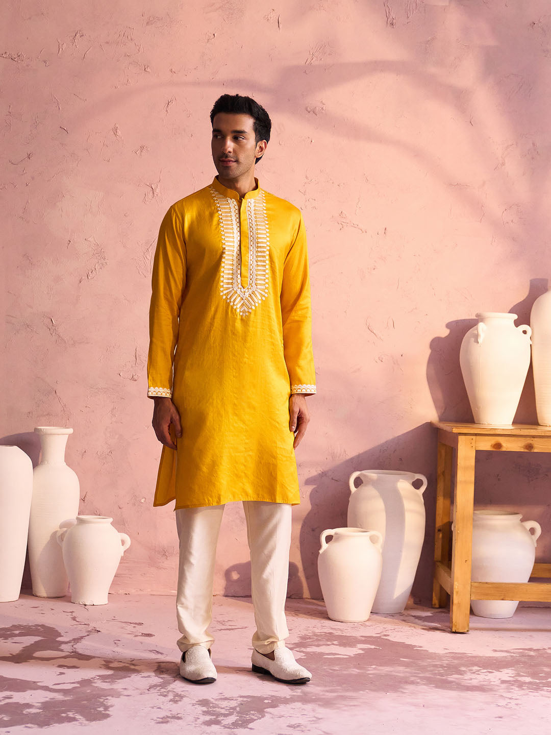 Yellow Viscose Wedding Men's Kurta