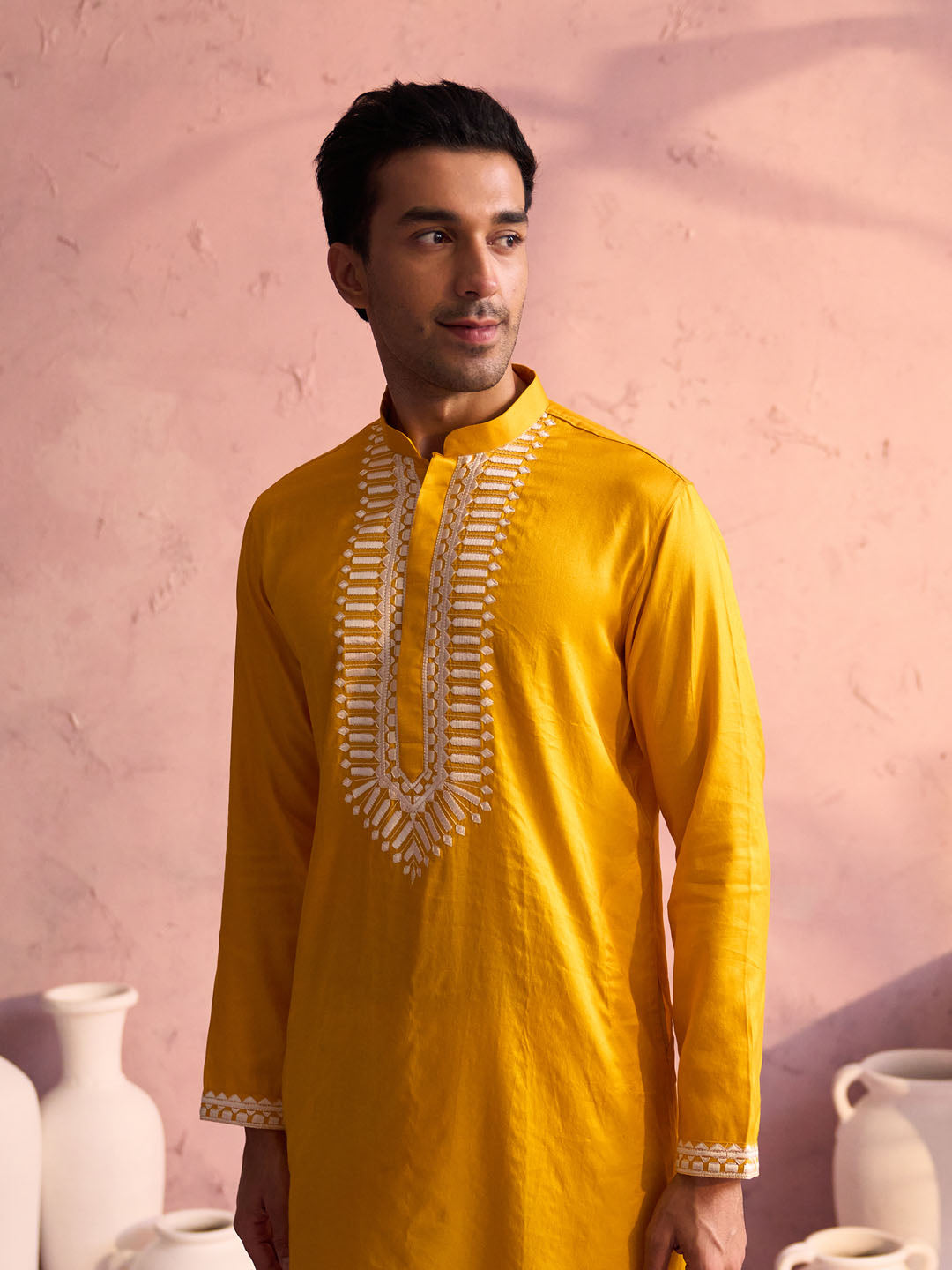 Yellow Viscose Wedding Men's Kurta