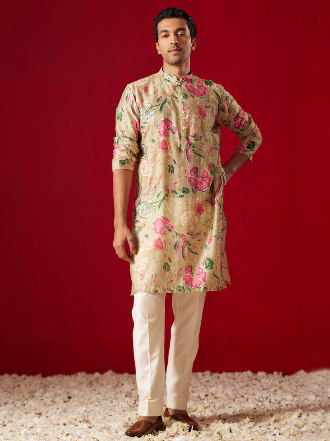 Multicolour Cotton Blend Casual Men's Kurta Set