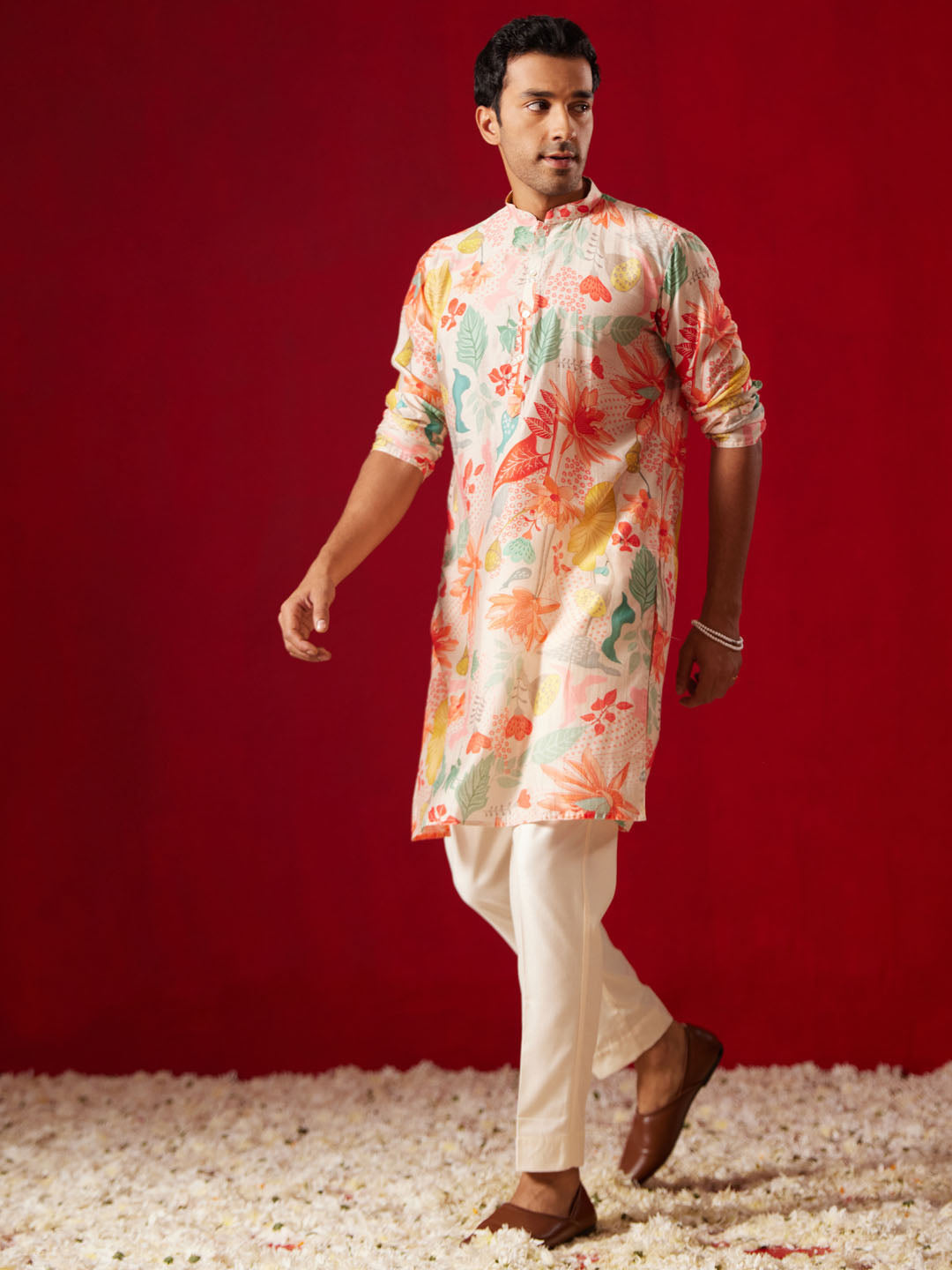 Multicolour Cotton Blend Casual Wear Men's Kurta Set