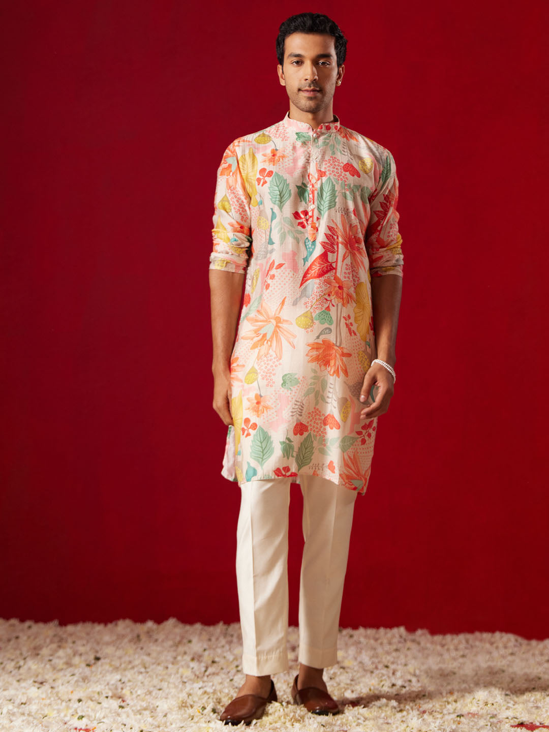 Multicolour Cotton Blend Casual Wear Men's Kurta Set