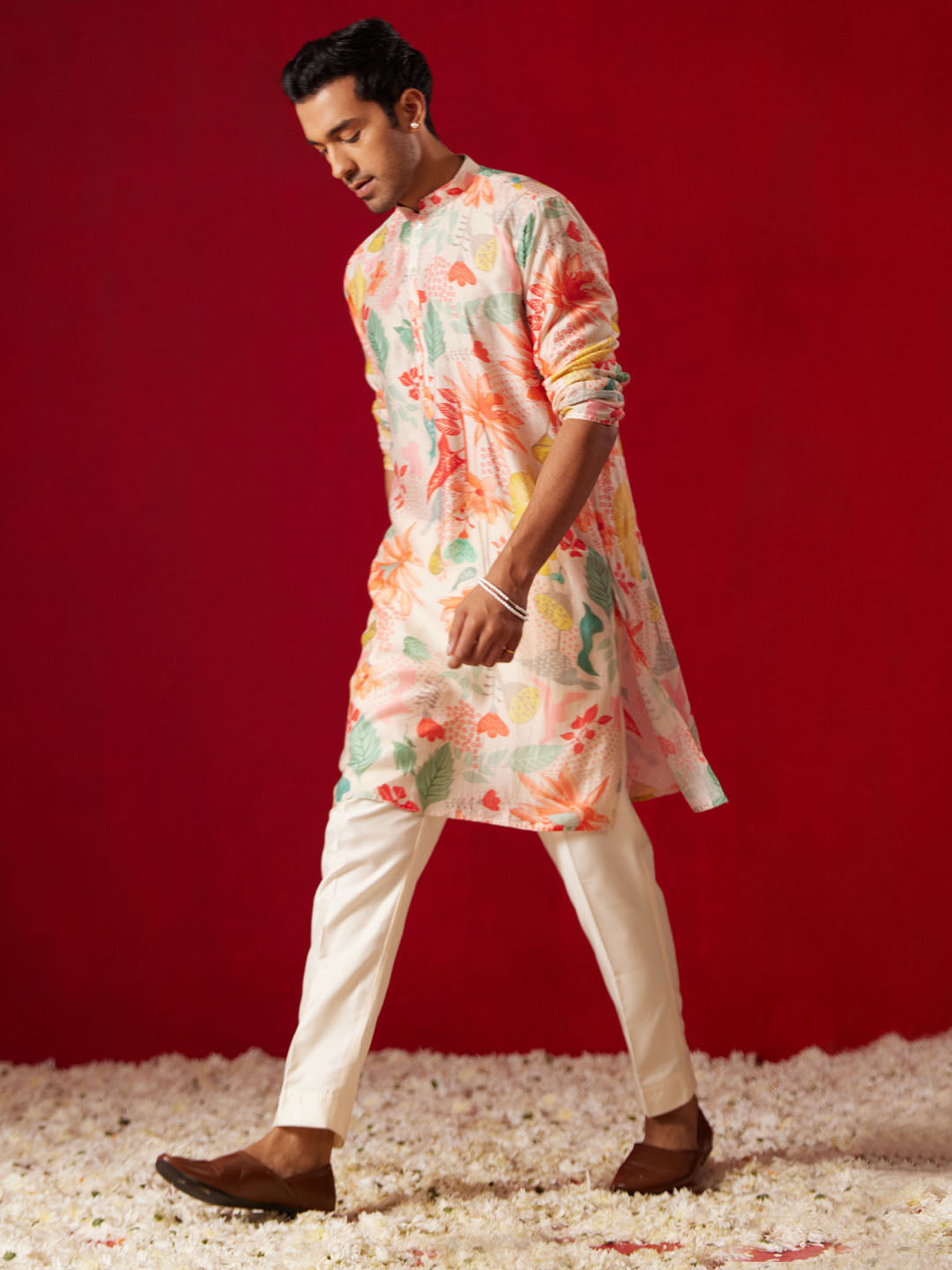 Multicolour Cotton Blend Casual Wear Men's Kurta Set