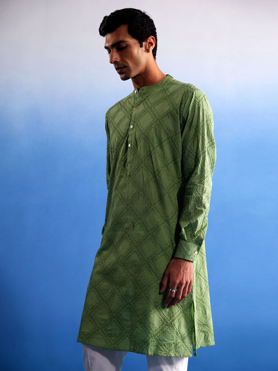 Green Cotton Wedding Men's Kurta