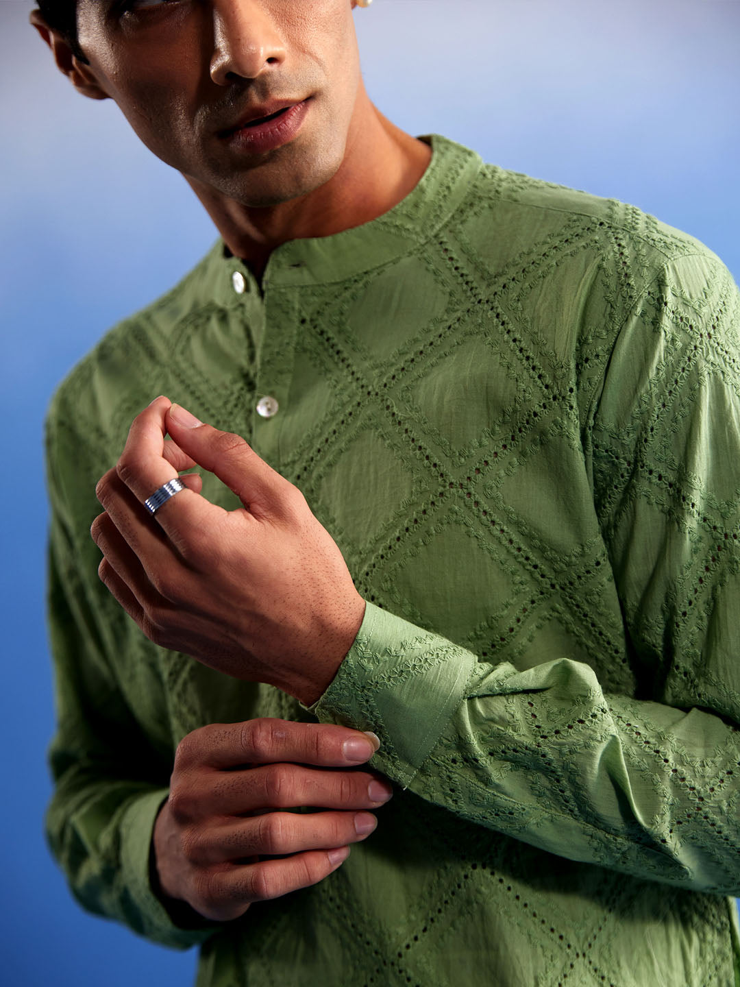 Green Cotton Wedding Men's Kurta