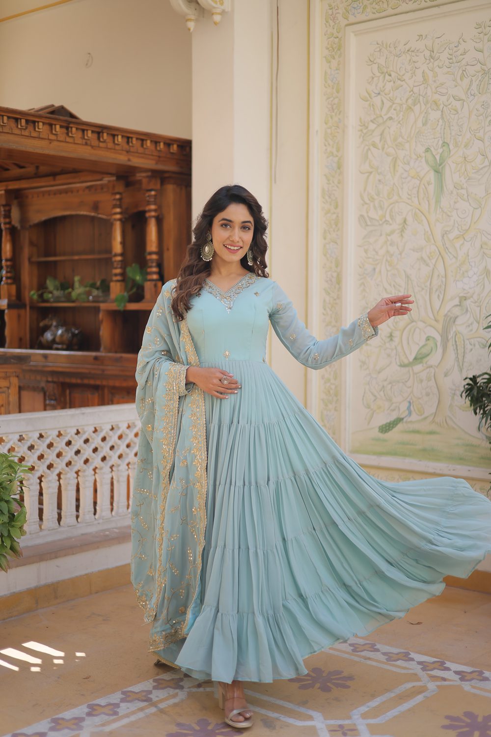 All Season Designer Embroidered Work Faux Georgette Sky Gown with Dupatta