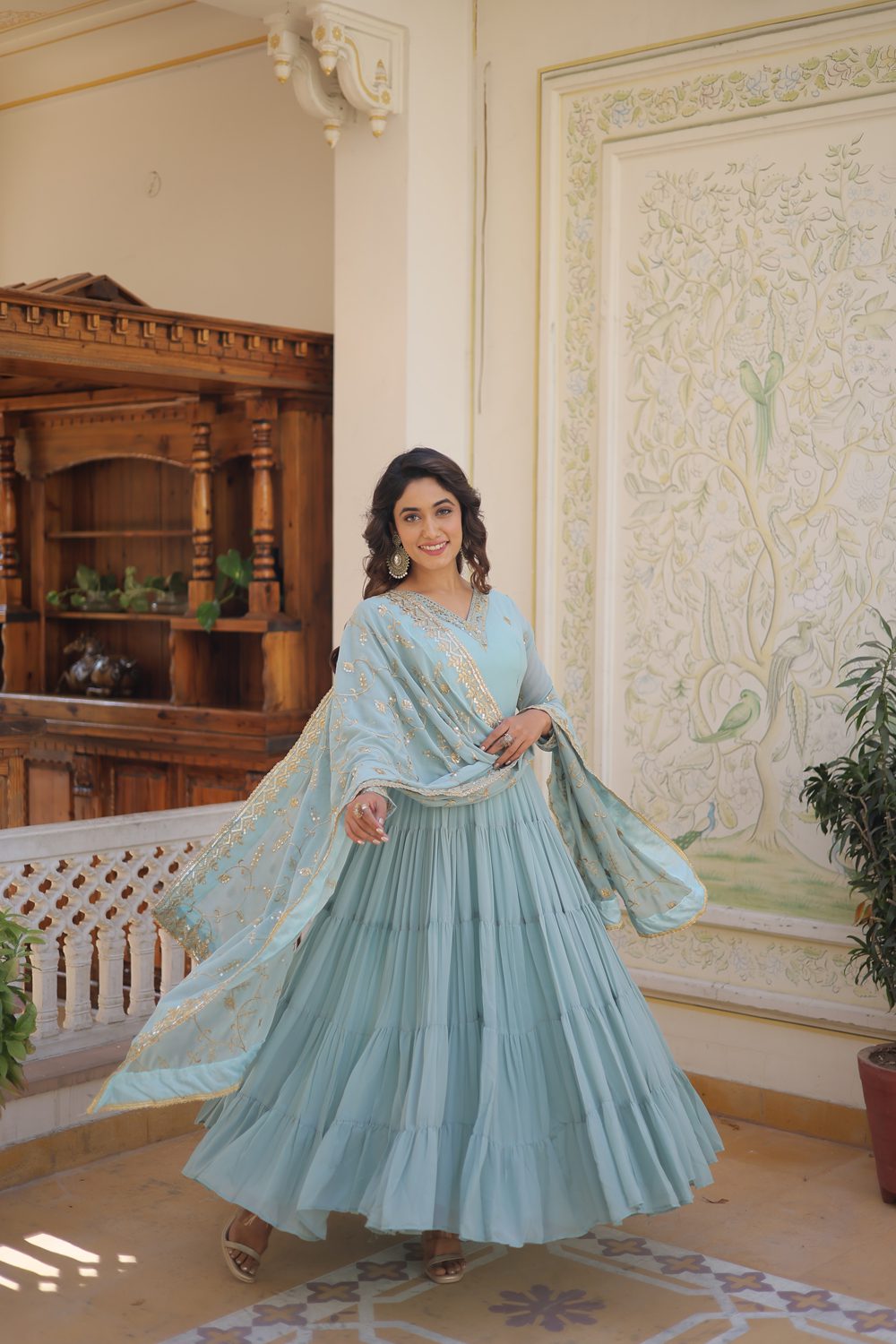All Season Designer Embroidered Work Faux Georgette Sky Gown with Dupatta