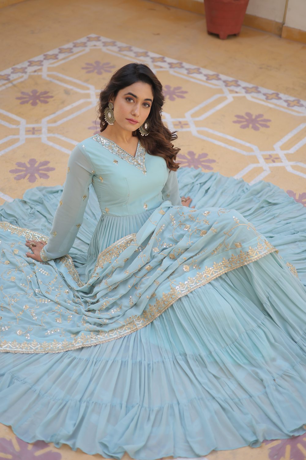 All Season Designer Embroidered Work Faux Georgette Sky Gown with Dupatta
