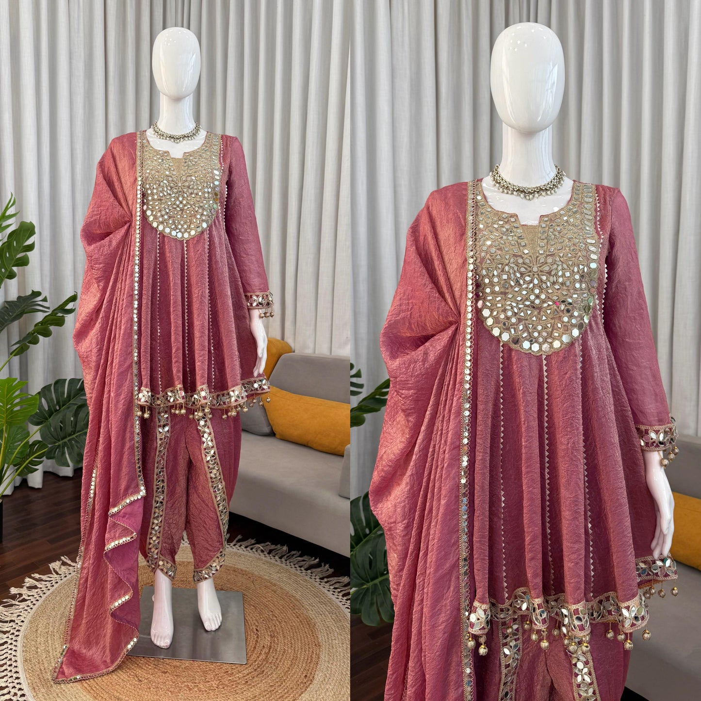 Mauve Gold Crush Dhoti Set with Mirror Work