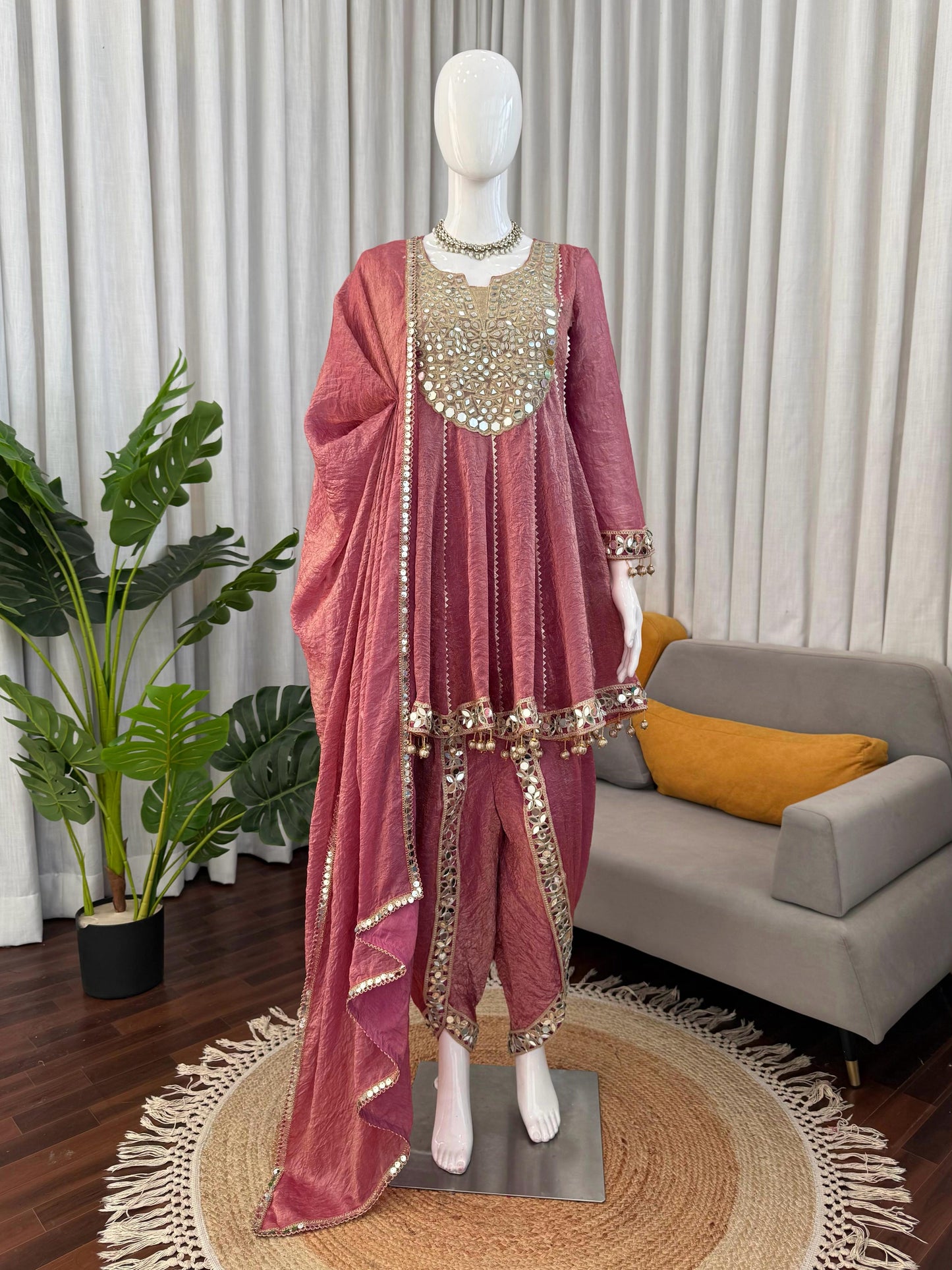 Mauve Gold Crush Dhoti Set with Mirror Work