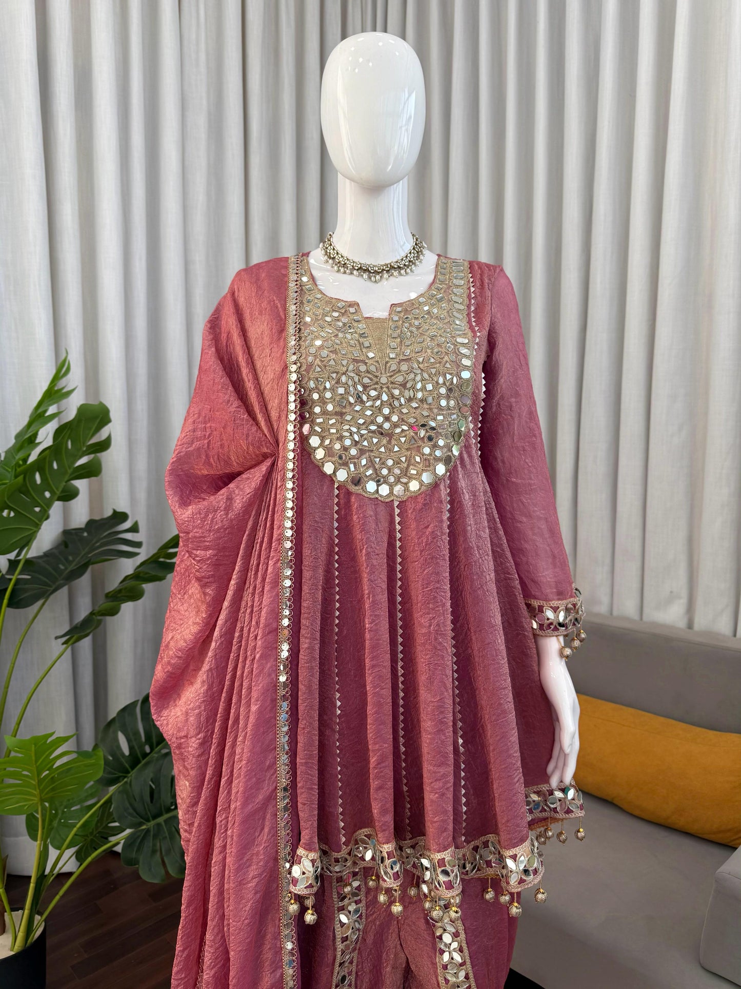Mauve Gold Crush Dhoti Set with Mirror Work