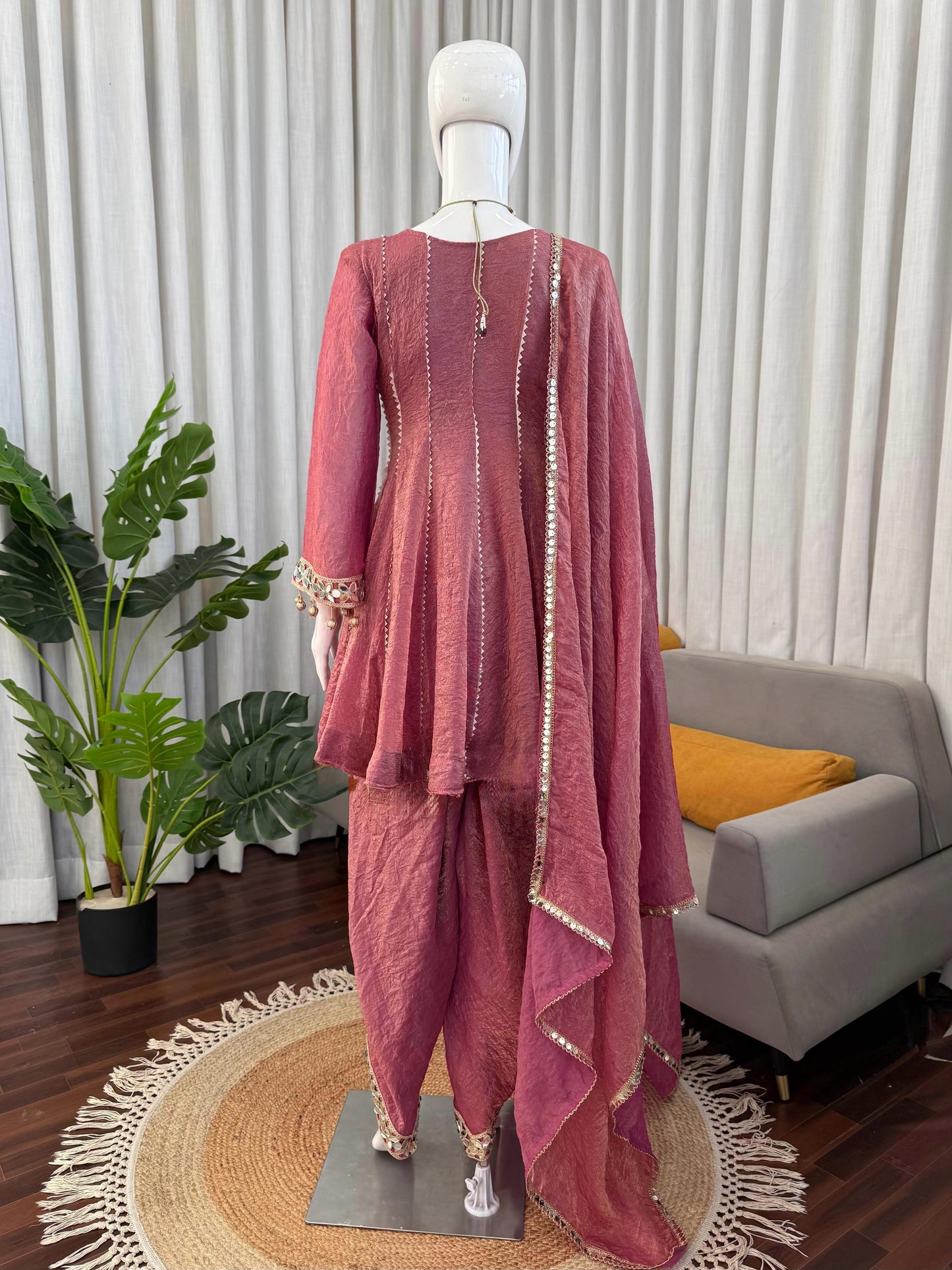 Mauve Gold Crush Dhoti Set with Mirror Work