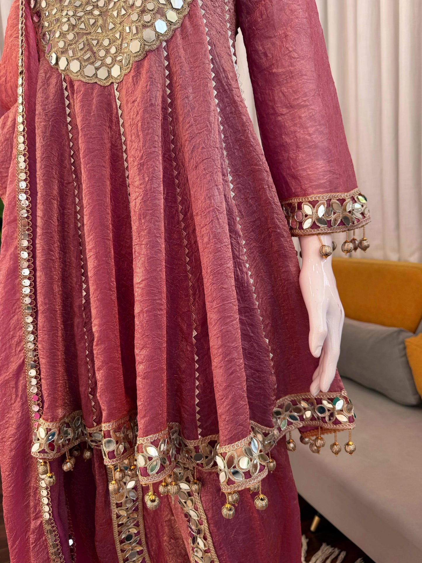Mauve Gold Crush Dhoti Set with Mirror Work