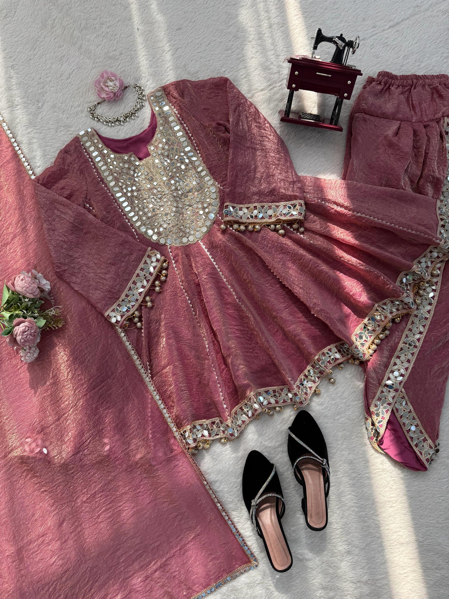 Mauve Gold Crush Dhoti Set with Mirror Work