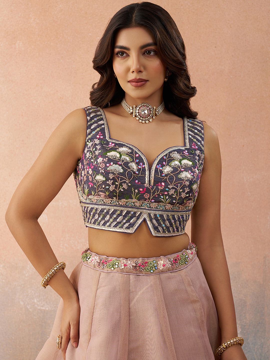 Ombre Purple and Mauve Sequins Embroidered Semi-Stitched Lehenga Set