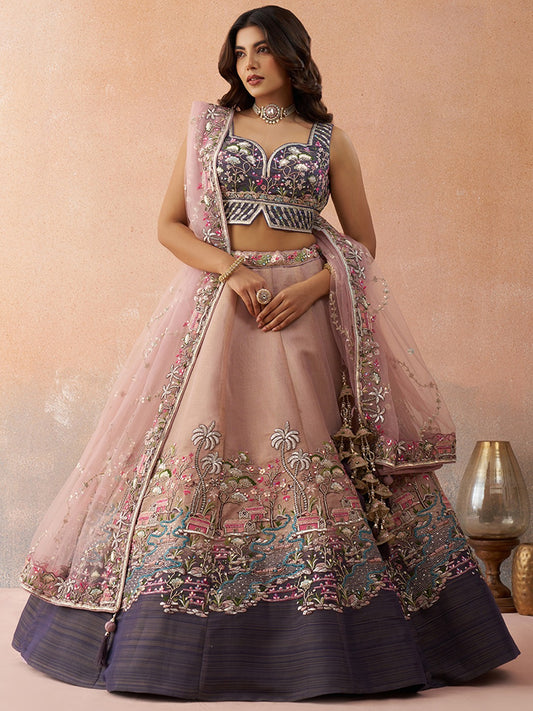 Ombre Purple and Mauve Sequins Embroidered Semi-Stitched Lehenga Set