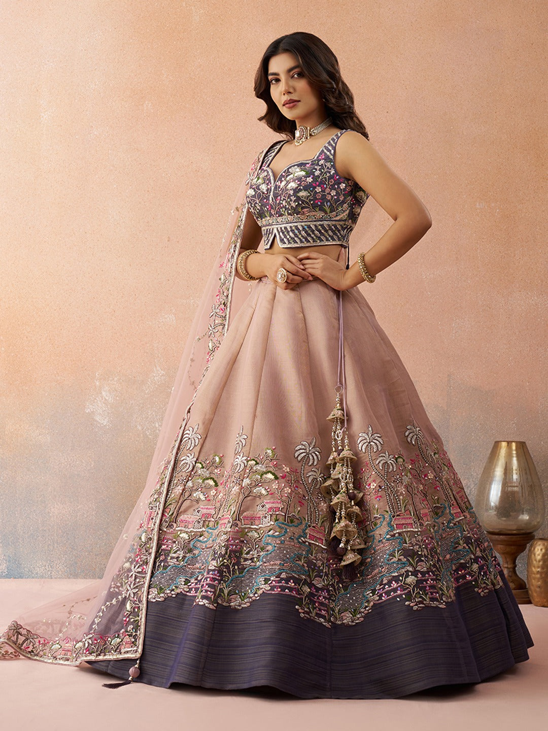 Ombre Purple and Mauve Sequins Embroidered Semi-Stitched Lehenga Set