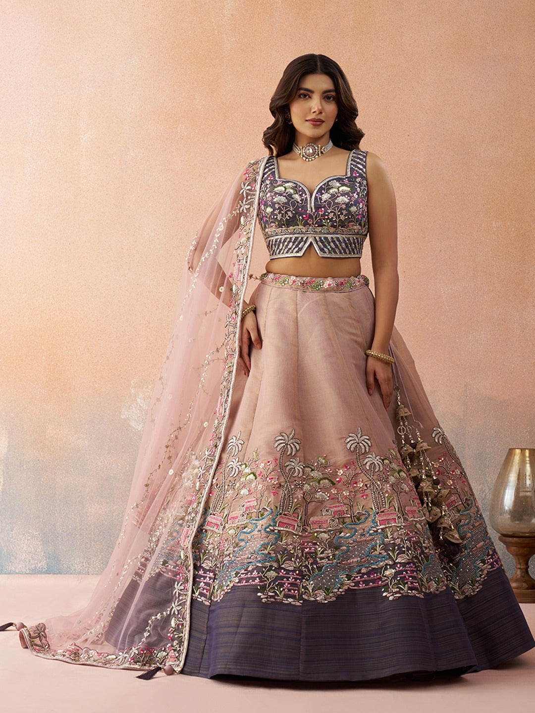 Ombre Purple and Mauve Sequins Embroidered Semi-Stitched Lehenga Set