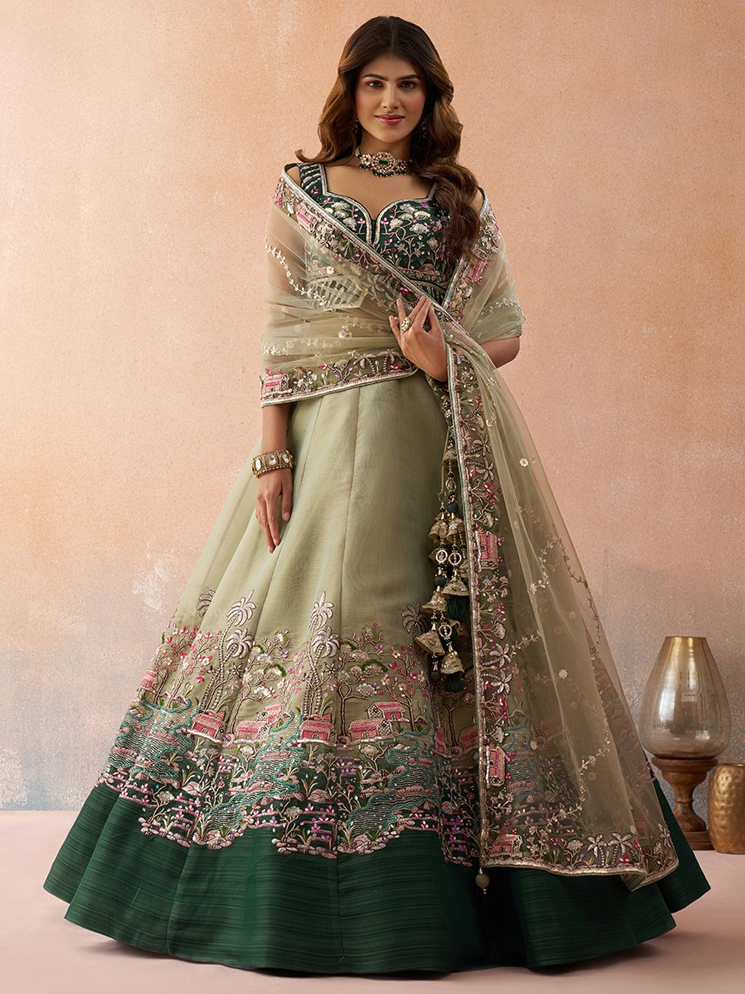 Ombre Green and Lime green Net Sequins Embroidered Semi-Stitched Lehenga Set
