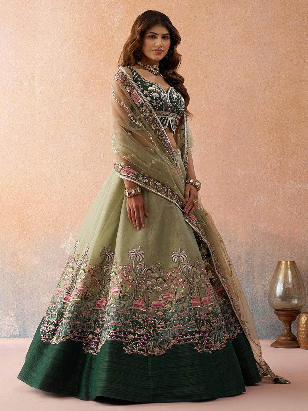Ombre Green and Lime green Net Sequins Embroidered Semi-Stitched Lehenga Set