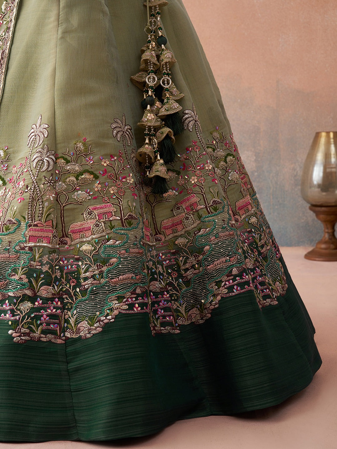 Ombre Green and Lime green Net Sequins Embroidered Semi-Stitched Lehenga Set