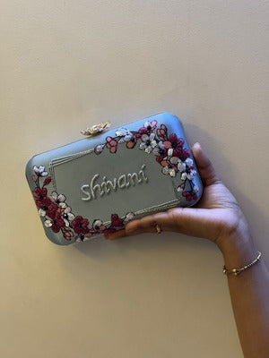 Customised Floral Embroidered Clutch with Flower Knob