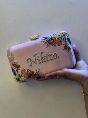 Customised Floral Embroidered Clutch with Flower Knob