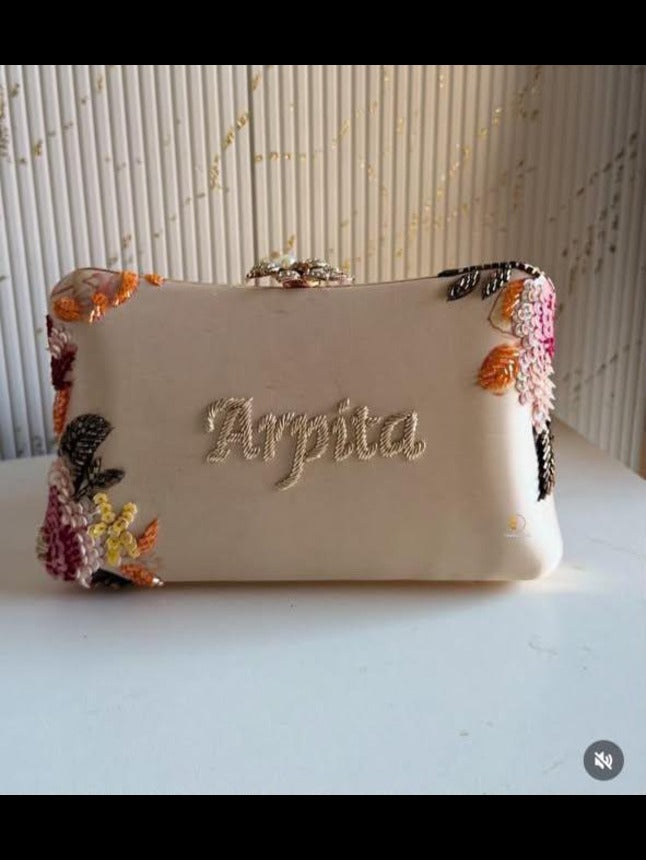 Customized Floral Embroidered Clutch with Flower Knob - Pastels