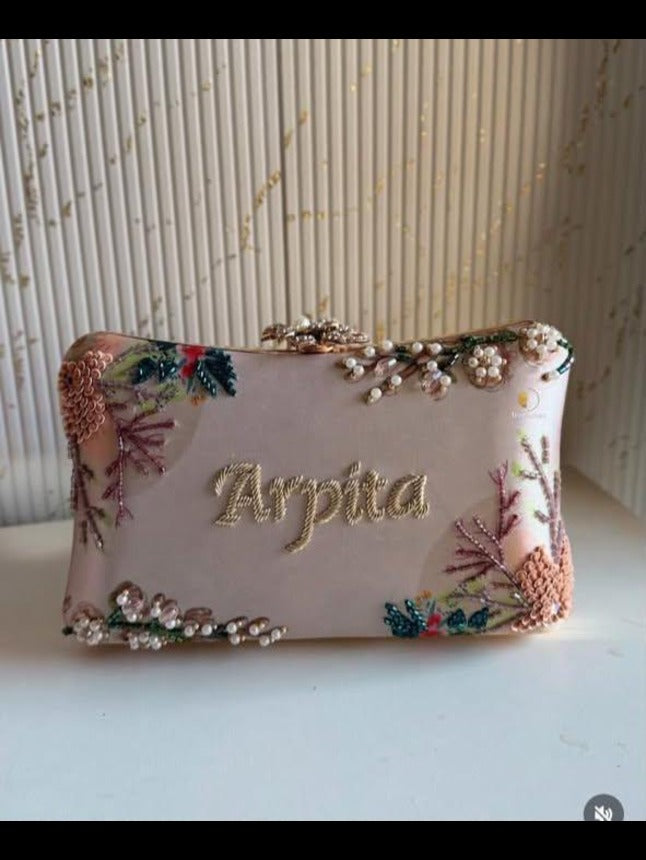 Customized Floral Embroidered Clutch with Flower Knob - Pastels