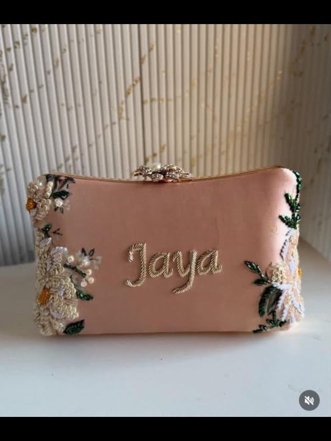 Customized Floral Embroidered Clutch with Flower Knob - Pastels