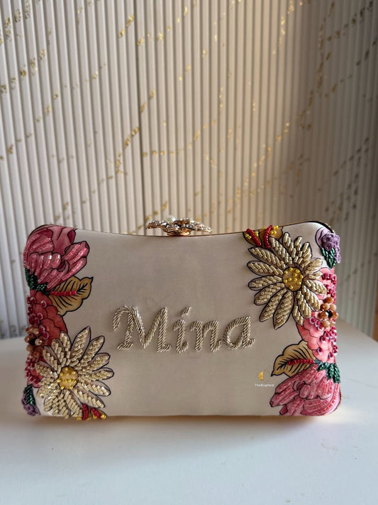 Customized Floral Embroidered Clutch with Flower Knob - Pastels