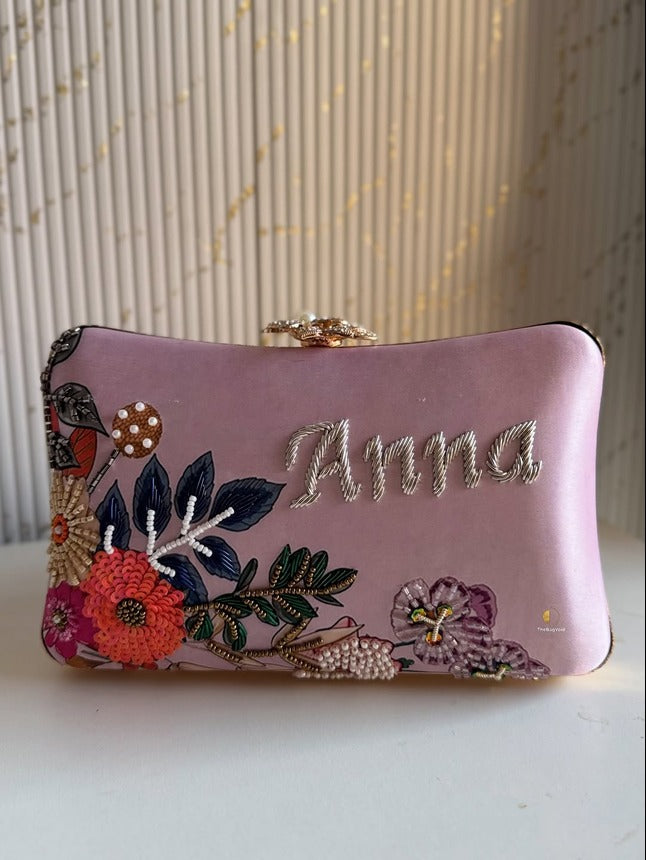 Customized Floral Embroidered Clutch with Flower Knob - Pastels