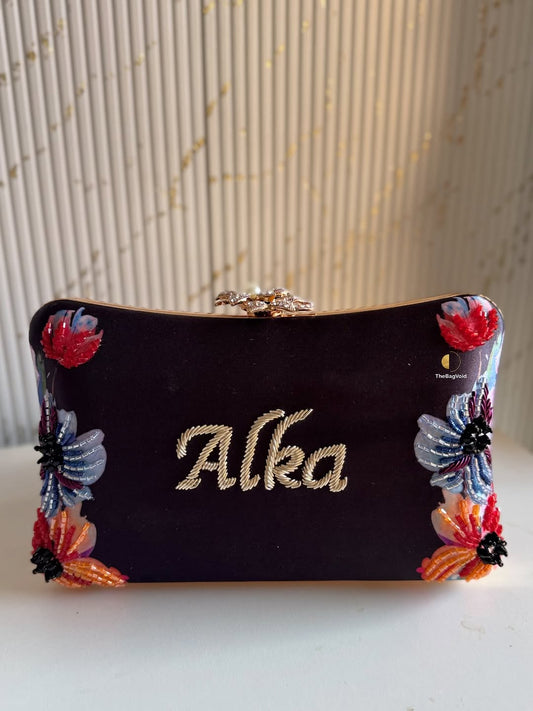 Customized Floral Embroidered Clutch with Flower Knob - Non Pastels