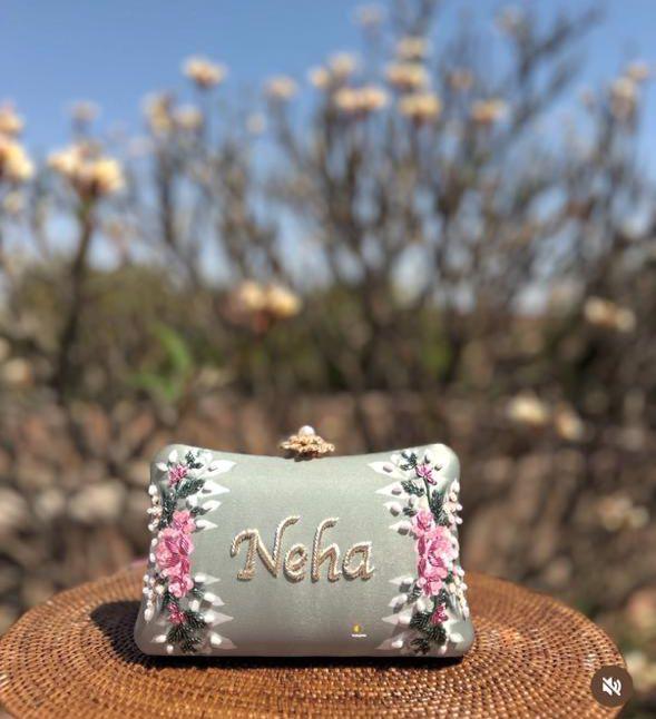 Customized Floral Embroidered Clutch with Flower Knob - Pastels