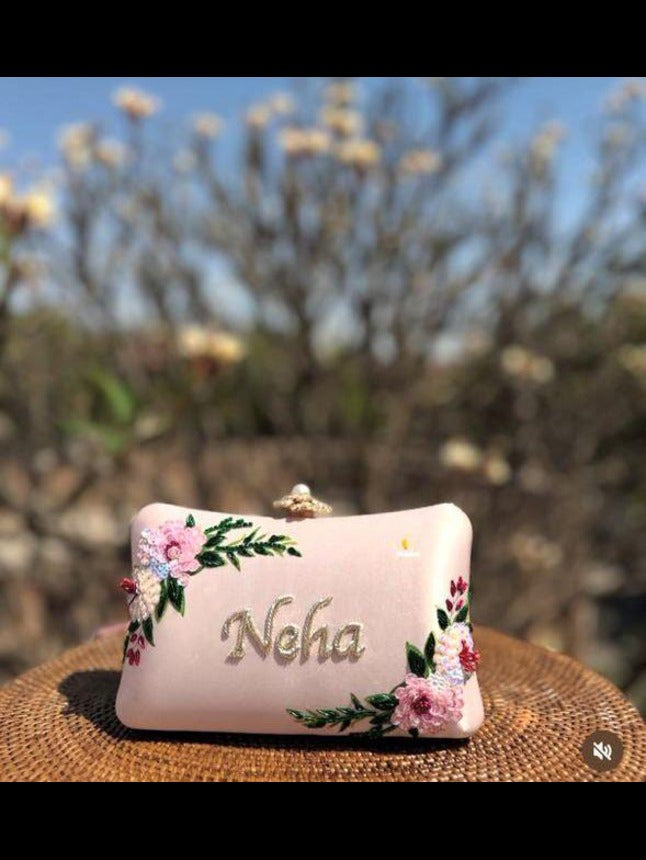 Customized Floral Embroidered Clutch with Flower Knob - Pastels