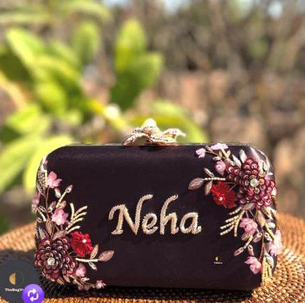 Customized Floral Embroidered Rectangular Clutch with Flower Knob