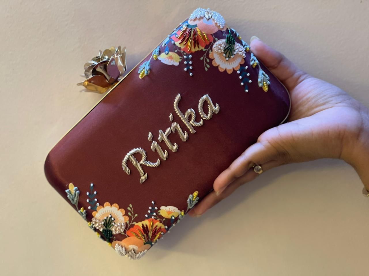 Customized Floral Embroidered Clutch - NONPASTELS - Flower Knob