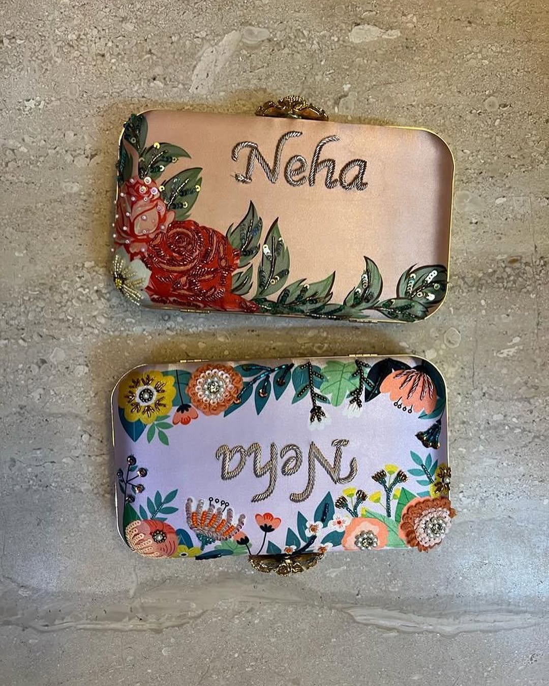 Customized Floral Embroidered Rectangular Clutch with Flower Knob