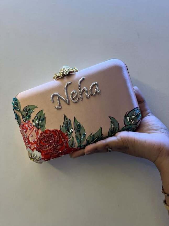 Customized Floral Embroidered Rectangular Clutch with Flower Knob