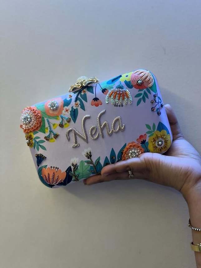 Customized Floral Embroidered Rectangular Clutch with Flower Knob
