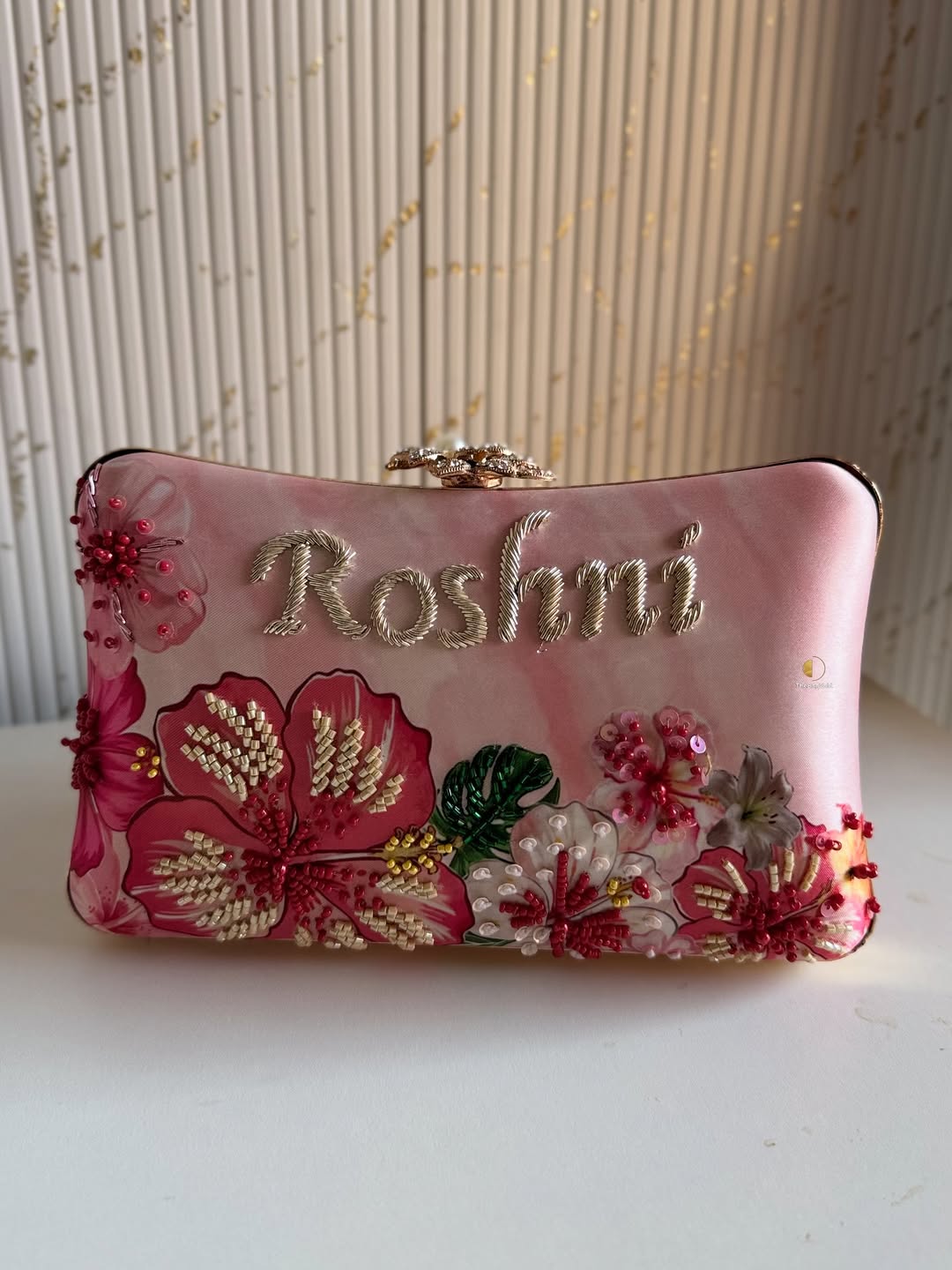 Customized Floral Embroidered Clutch with Flower Knob - Pinks