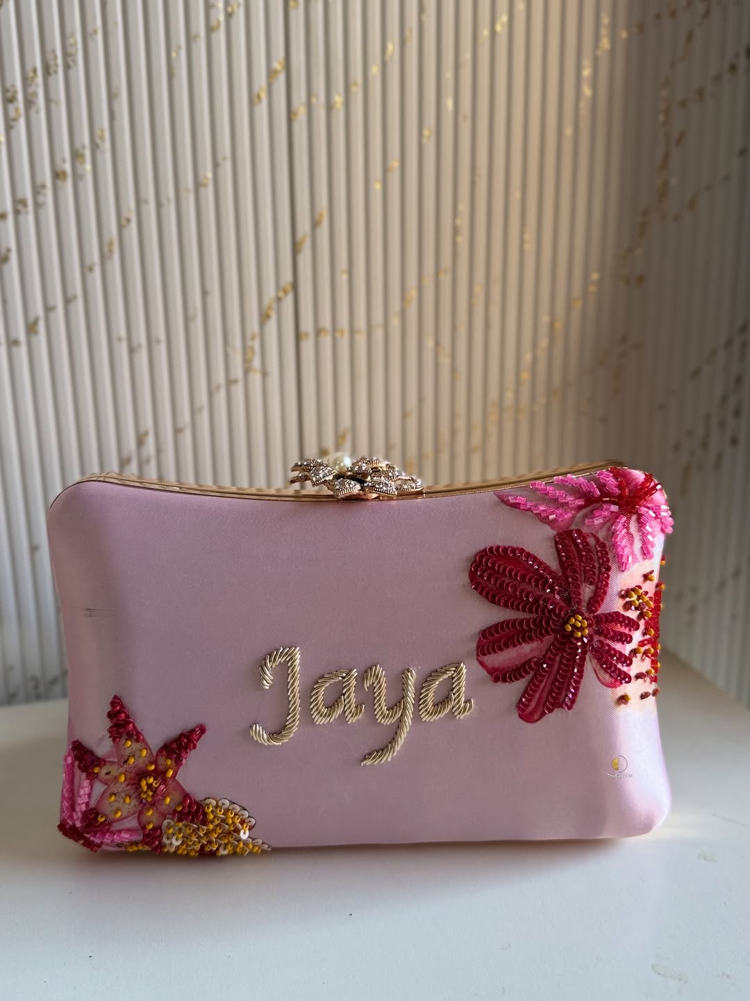 Customized Floral Embroidered Clutch with Flower Knob - Pinks