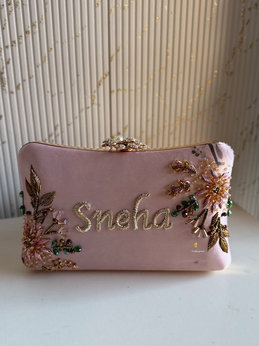 Customized Floral Embroidered Clutch with Flower Knob - Pinks