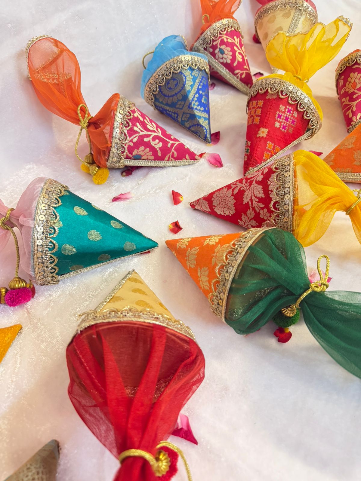 Brocade Cones use for Wedding favors and festive Giftings - Set of 4