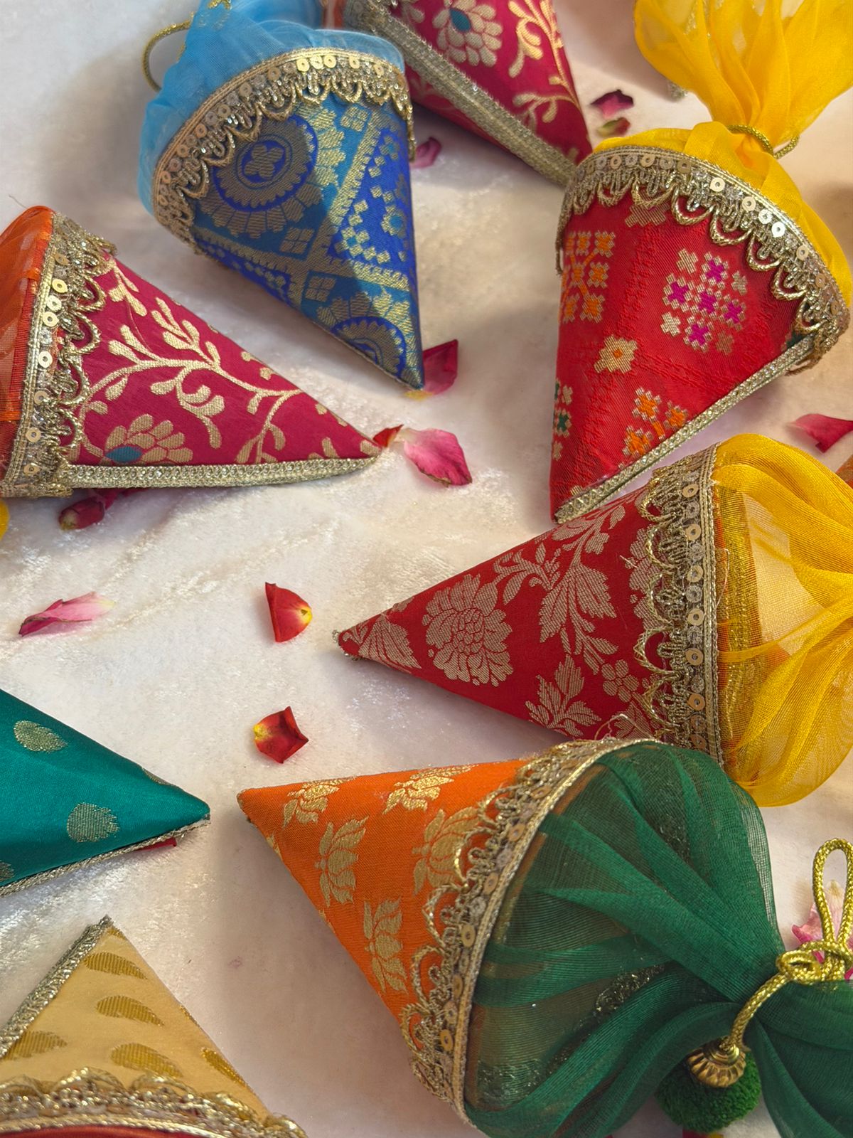 Brocade Cones use for Wedding favors and festive Giftings - Set of 4