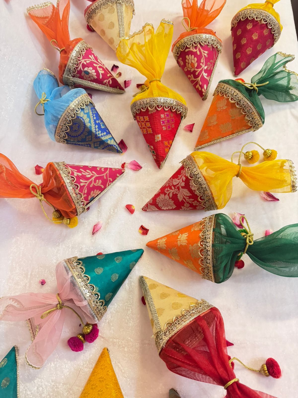 Brocade Cones use for Wedding favors and festive Giftings - Set of 4