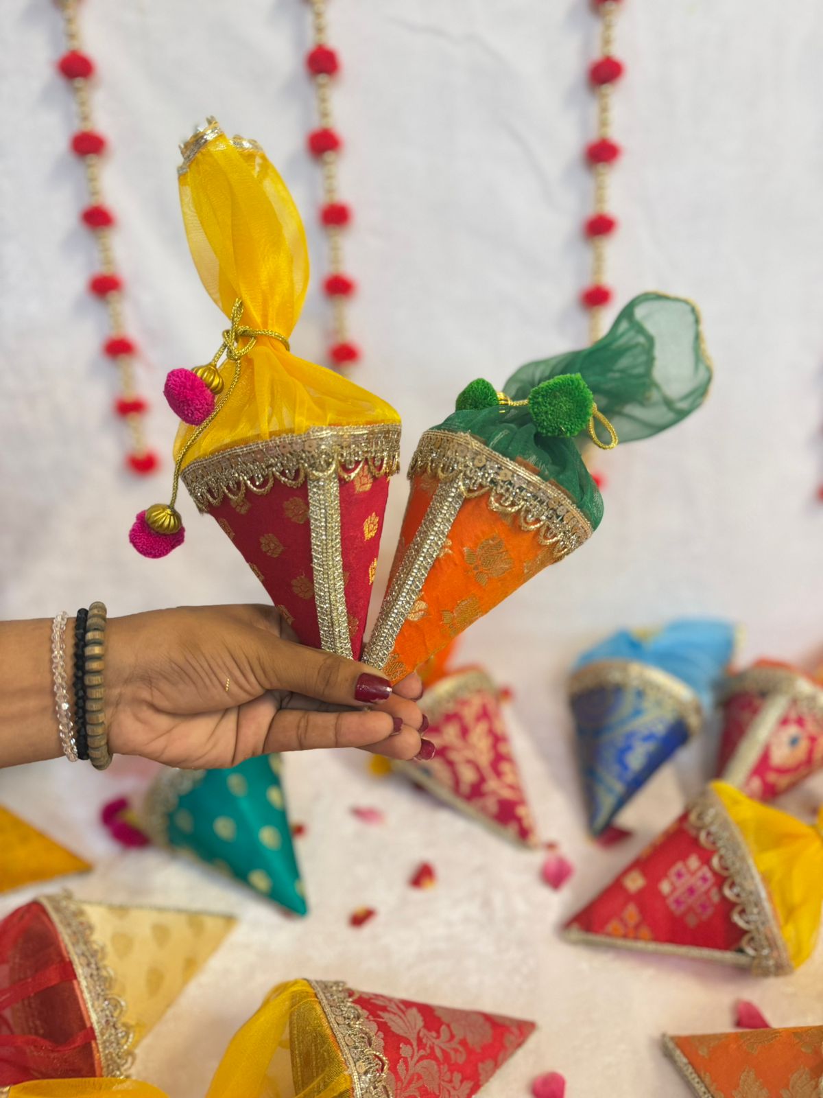 Brocade Cones use for Wedding favors and festive Giftings - Set of 4
