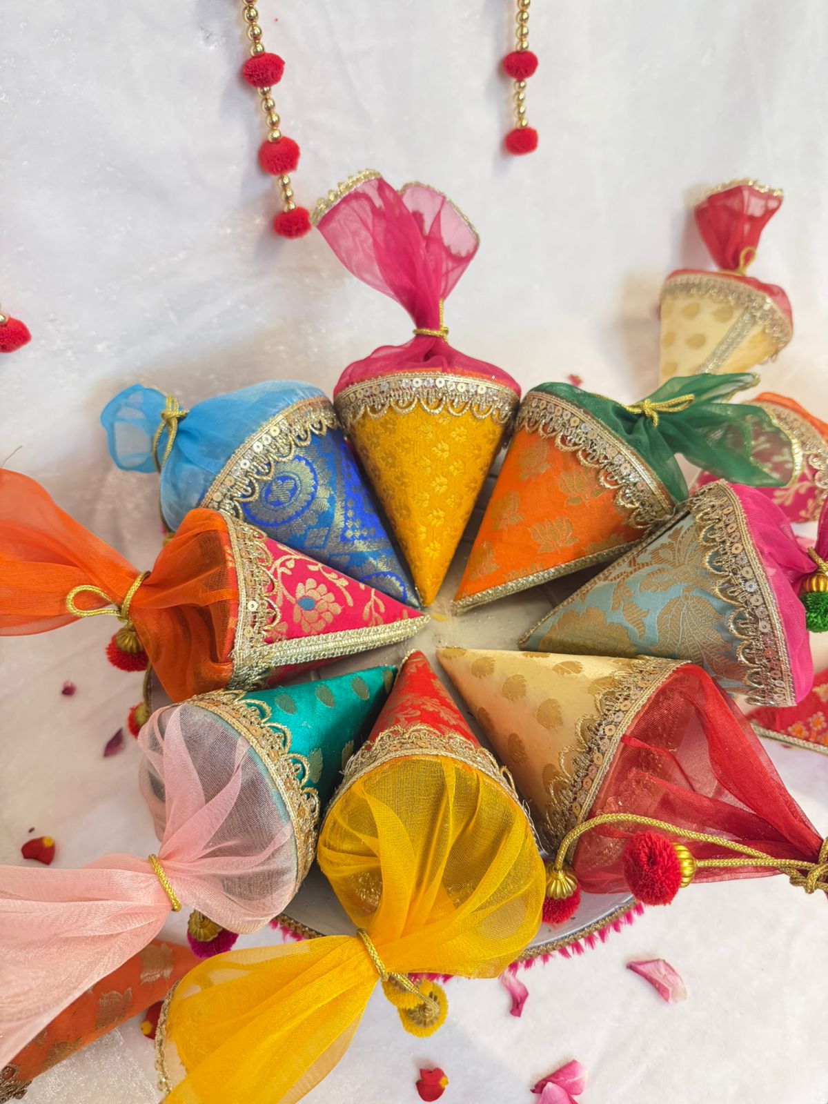 Brocade Cones use for Wedding favors and festive Giftings - Set of 4