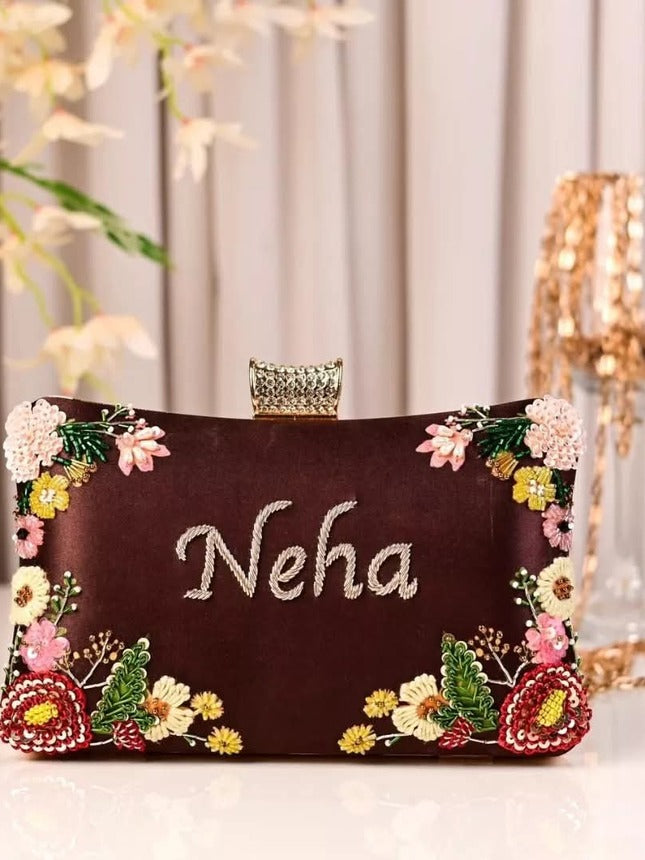 Customized Floral Embroidered Clutch with Cylindrical Knob