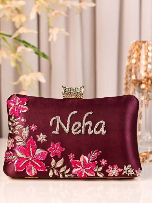 Customized Floral Embroidered Clutch with Cylindrical Knob