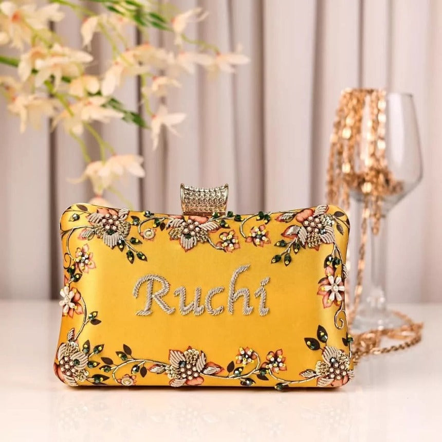 Customized Floral Embroidered Clutch with Cylindrical Knob